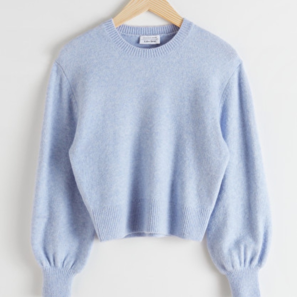 & Other Stories Cropped Puff Sleeve Crew Neck Sweater Women’s Baby Blue Color